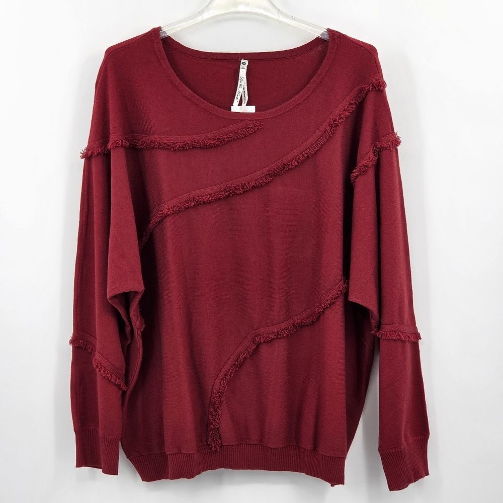 Leo & Nicole Diagonal Fringe Sweatshirt Womens Size 3X Burgundy Red Fall Winter